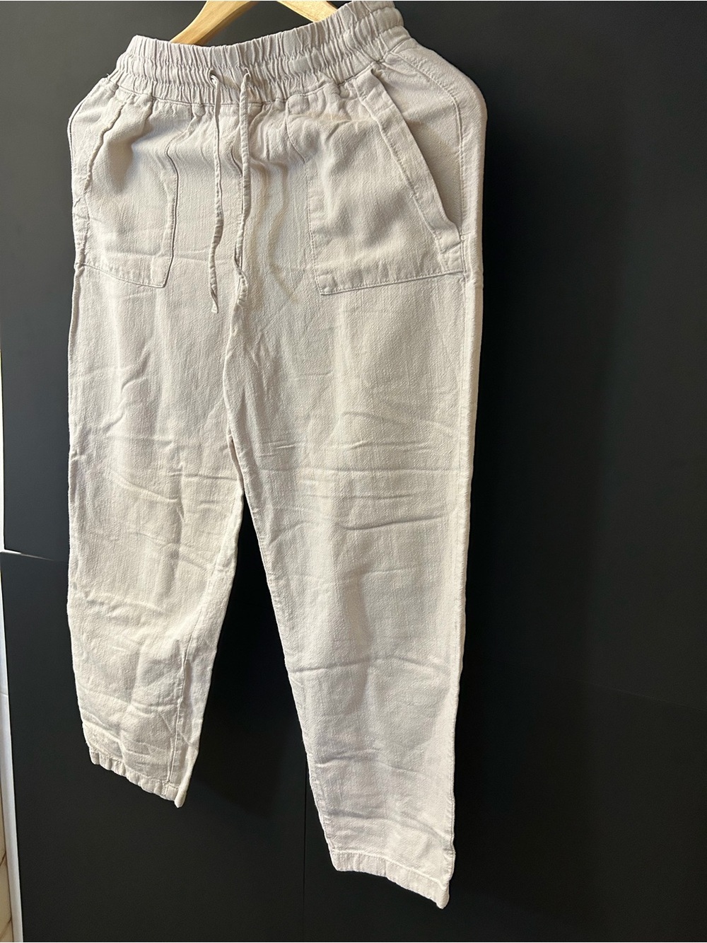 Light Beige Drawstring Linen-Blend Pants